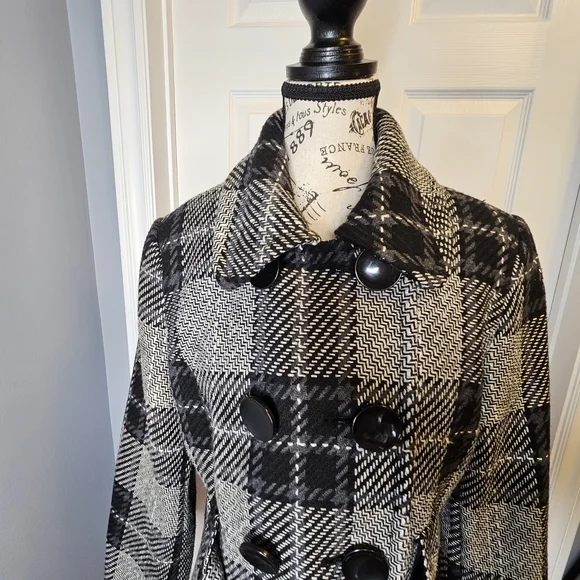 Ricki's Wool Blend Pea Coat Black Gray Plaid Checkered Women's Size M - Picture 5 of 14